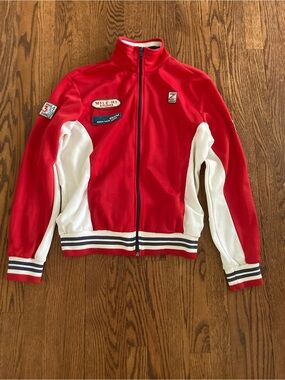Men's Red & White Zip Performance Jacket with Racing Patches